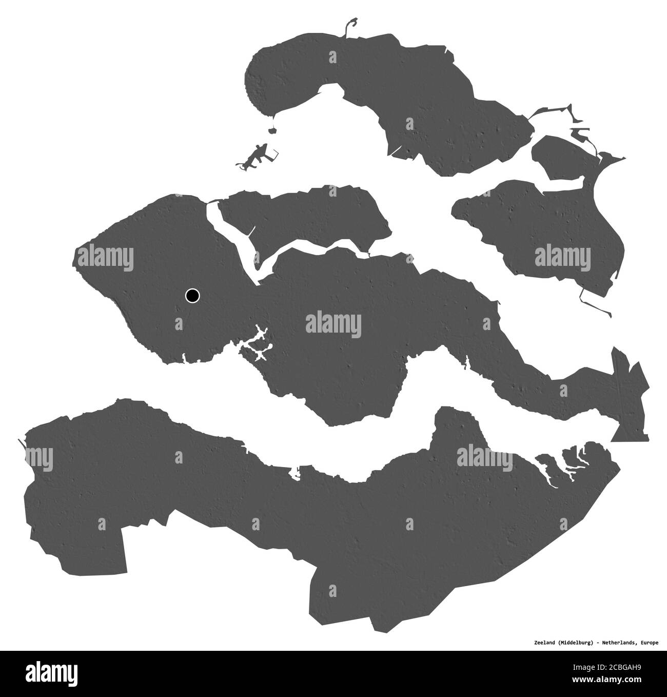 Forme de Zélande, province des pays-Bas, avec sa capitale isolée sur fond blanc. Carte d'élévation à deux niveaux. Rendu 3D Banque D'Images
