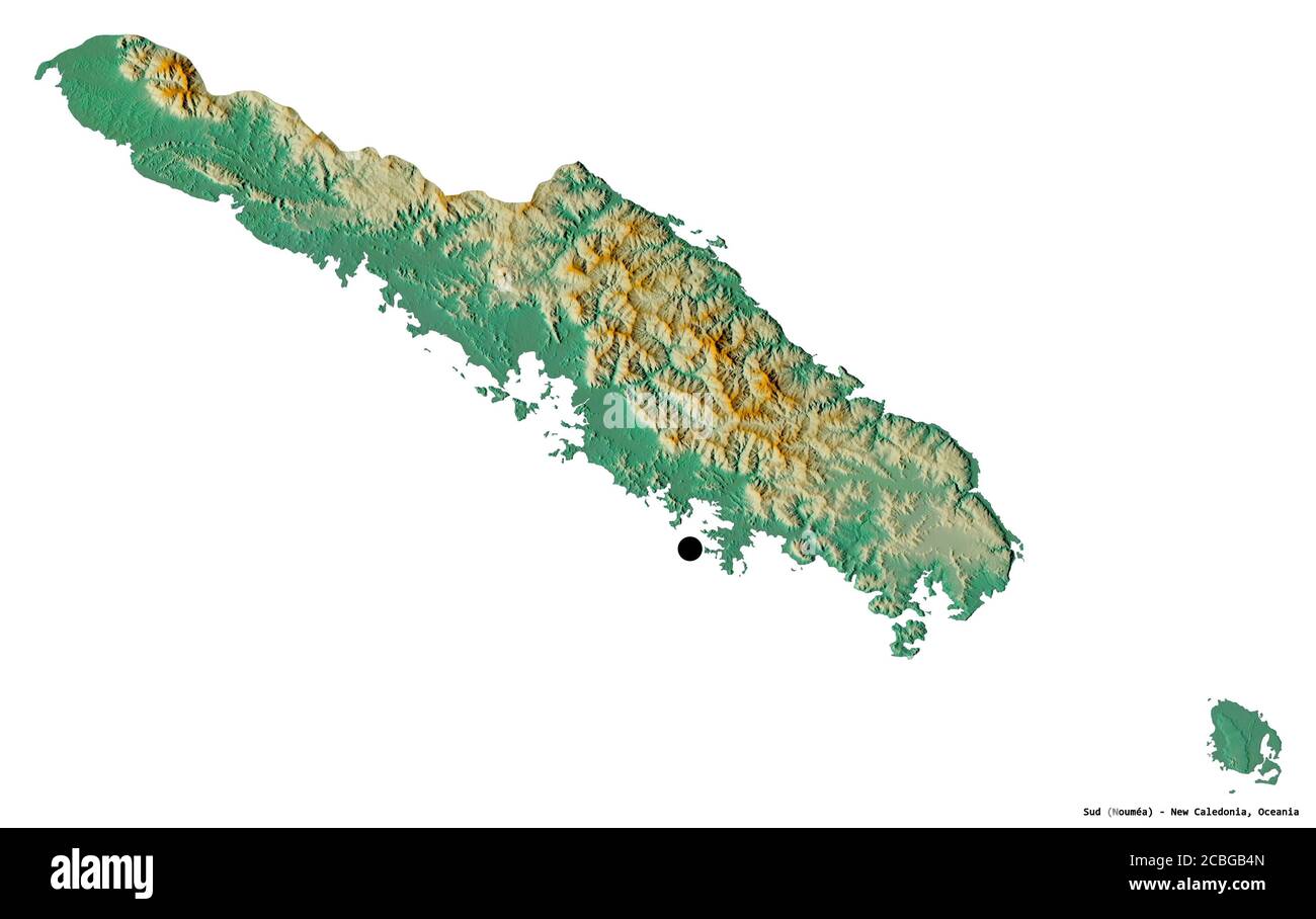 Forme du Sud, province de la Nouvelle-Calédonie, avec sa capitale isolée sur fond blanc. Carte topographique de relief. Rendu 3D Banque D'Images