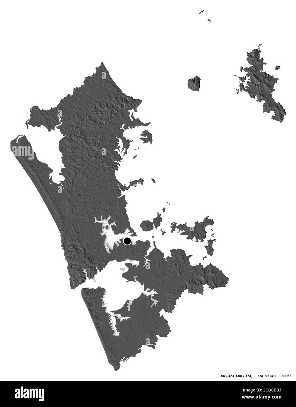 Forme d'Auckland, conseil régional de Nouvelle-Zélande, avec sa capitale isolée sur fond blanc. Carte d'élévation à deux niveaux. Rendu 3D Banque D'Images
