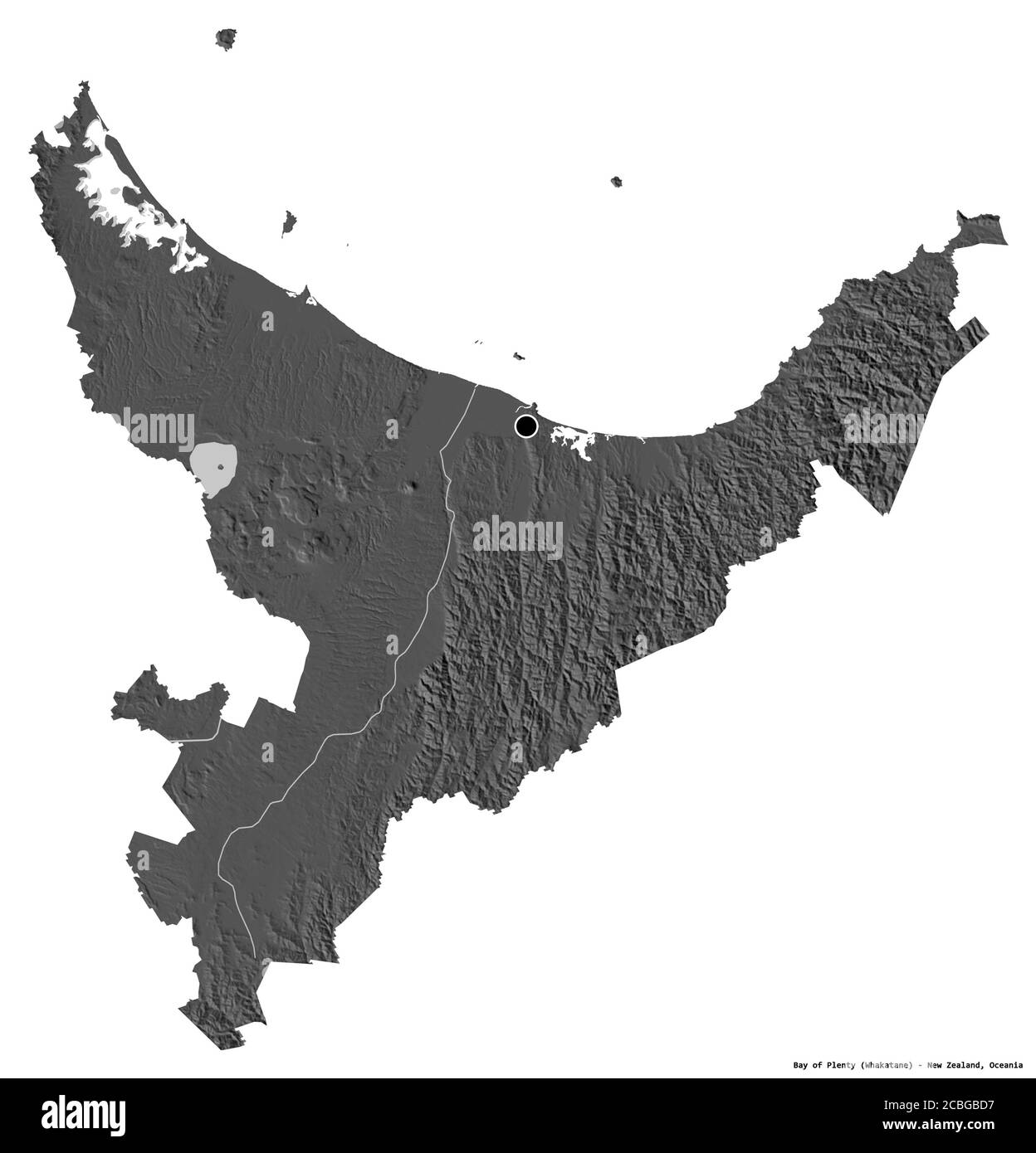 Shape of Bay of Plenty, conseil régional de Nouvelle-Zélande, avec sa capitale isolée sur fond blanc. Carte d'élévation à deux niveaux. Rendu 3D Banque D'Images