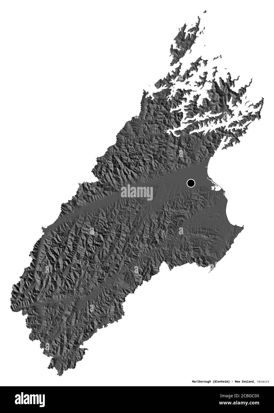 Forme de Marlborough, autorité unitaire de la Nouvelle-Zélande, avec sa capitale isolée sur fond blanc. Carte d'élévation à deux niveaux. Rendu 3D Banque D'Images