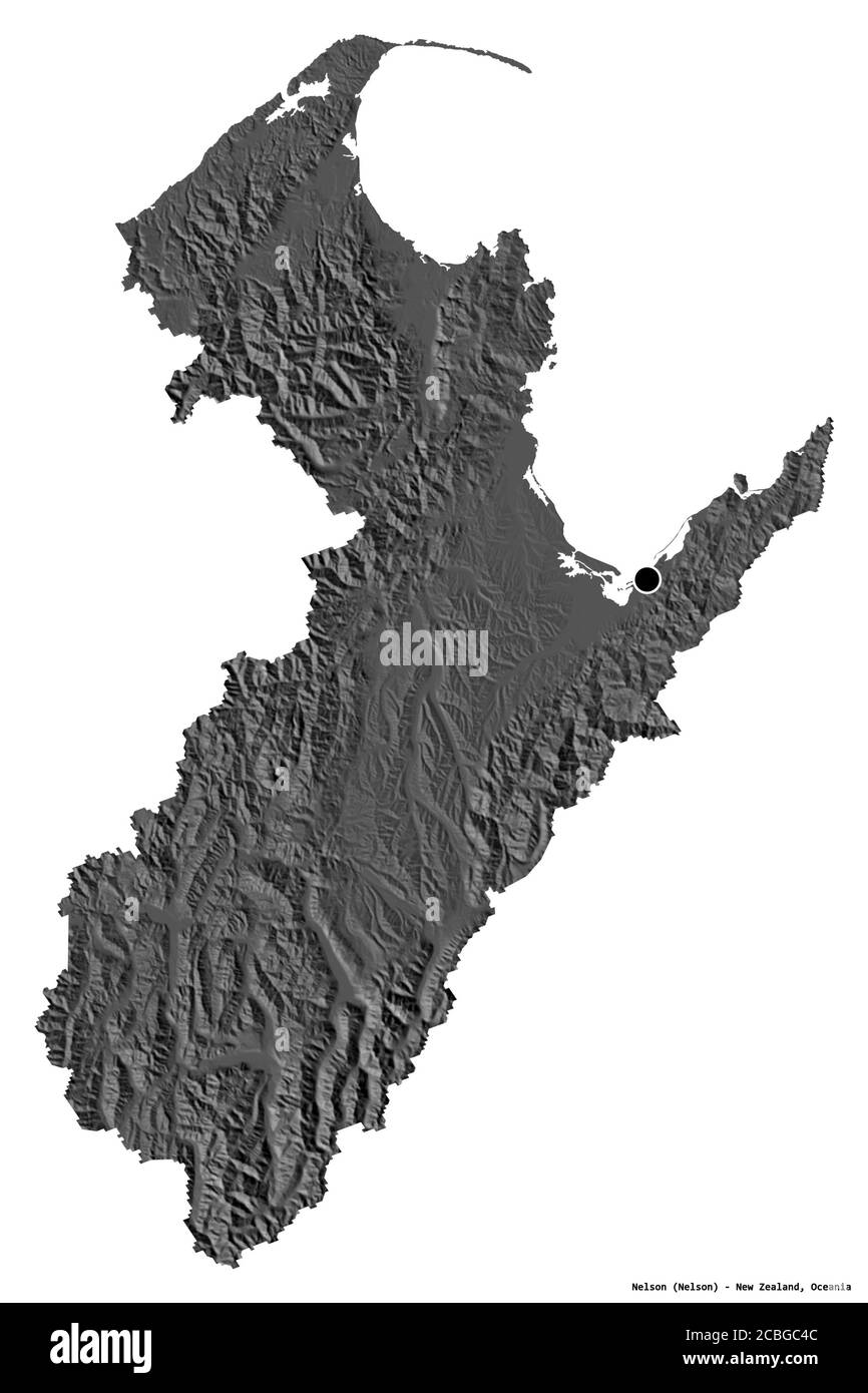 Forme de Nelson, autorité unitaire de la Nouvelle-Zélande, avec sa capitale isolée sur fond blanc. Carte d'élévation à deux niveaux. Rendu 3D Banque D'Images
