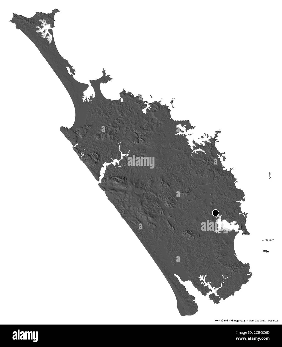 Forme de Northland, conseil régional de Nouvelle-Zélande, avec sa capitale isolée sur fond blanc. Carte d'élévation à deux niveaux. Rendu 3D Banque D'Images