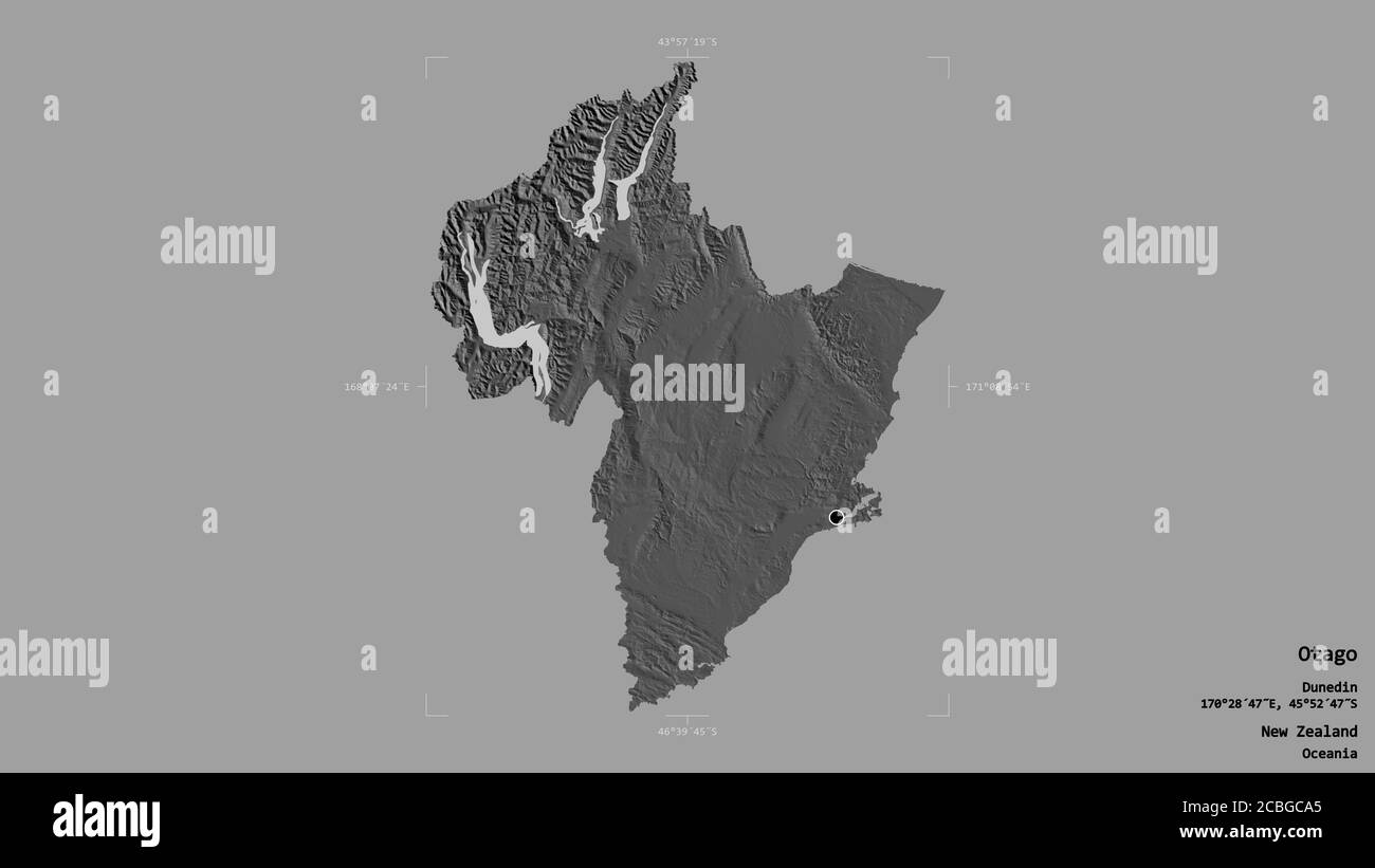 Région d'Otago, conseil régional de Nouvelle-Zélande, isolée sur un fond solide dans une boîte englobante géoréférencée. Étiquettes. Carte d'élévation à deux niveaux. Rend 3D Banque D'Images