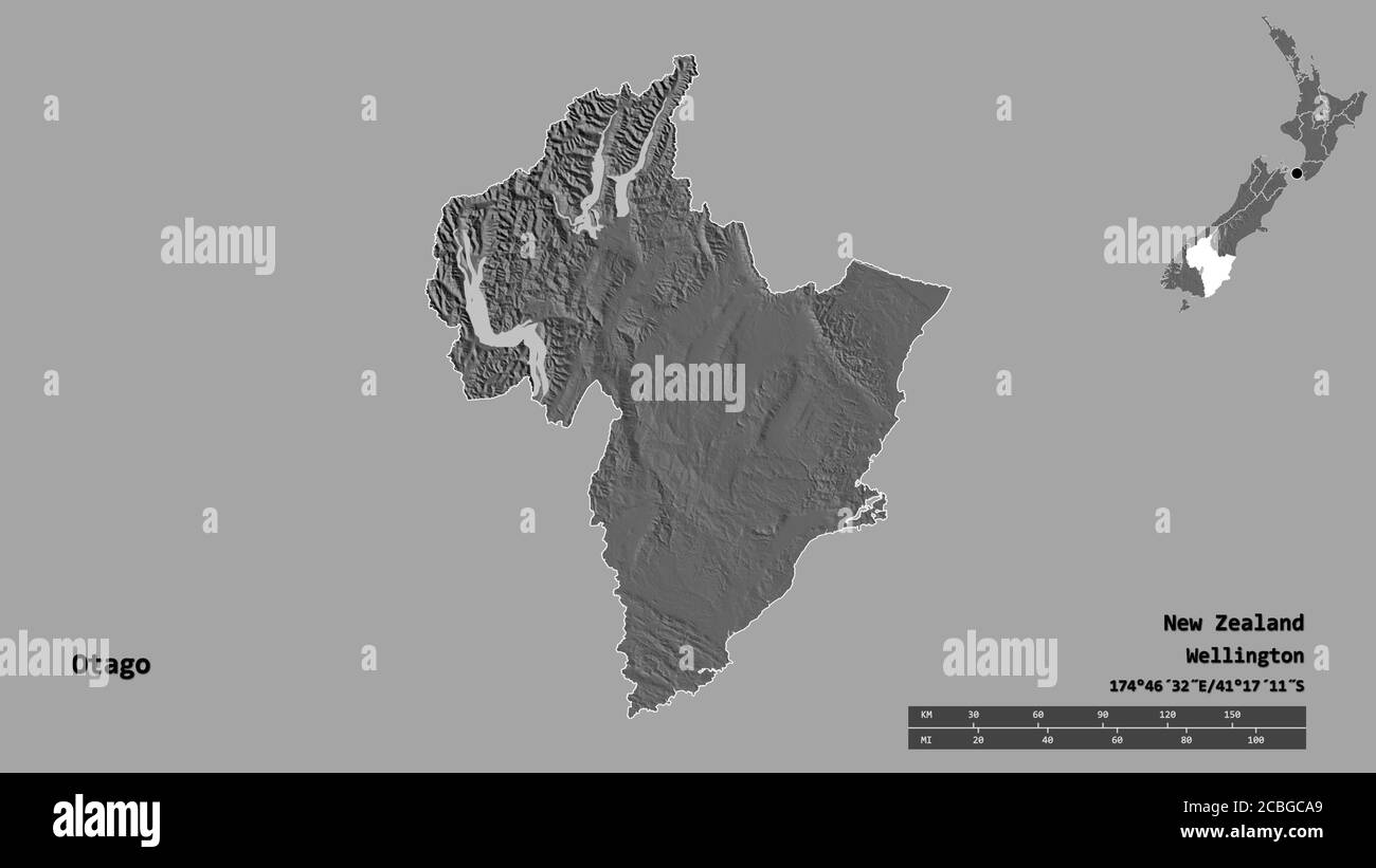 Forme d'Otago, conseil régional de Nouvelle-Zélande, avec sa capitale isolée sur fond solide. Échelle de distance, aperçu de la région et libellés. Niveau sonore Banque D'Images