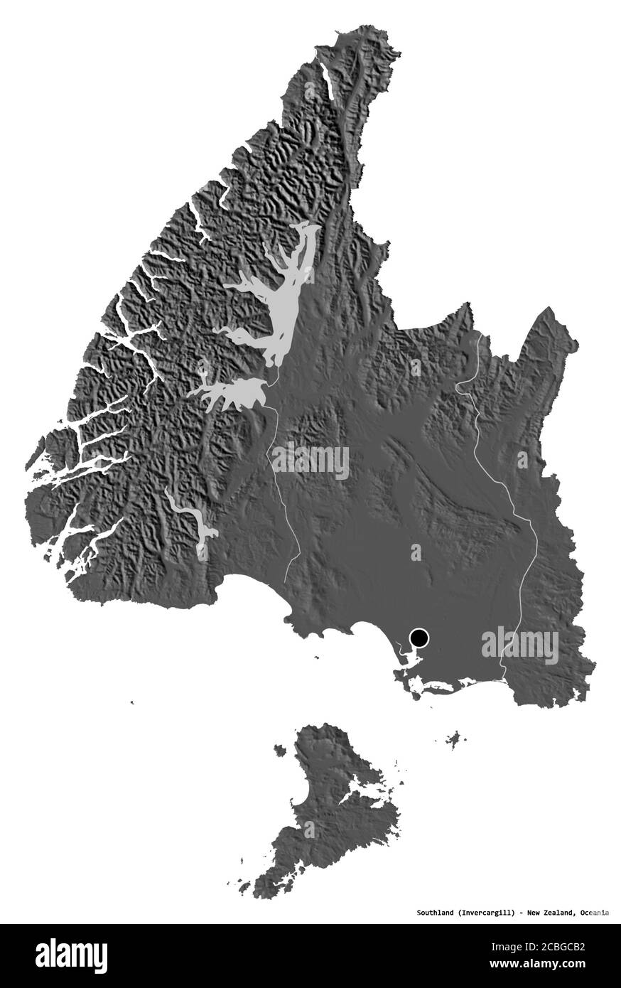 Shape of Southland, conseil régional de Nouvelle-Zélande, avec sa capitale isolée sur fond blanc. Carte d'élévation à deux niveaux. Rendu 3D Banque D'Images