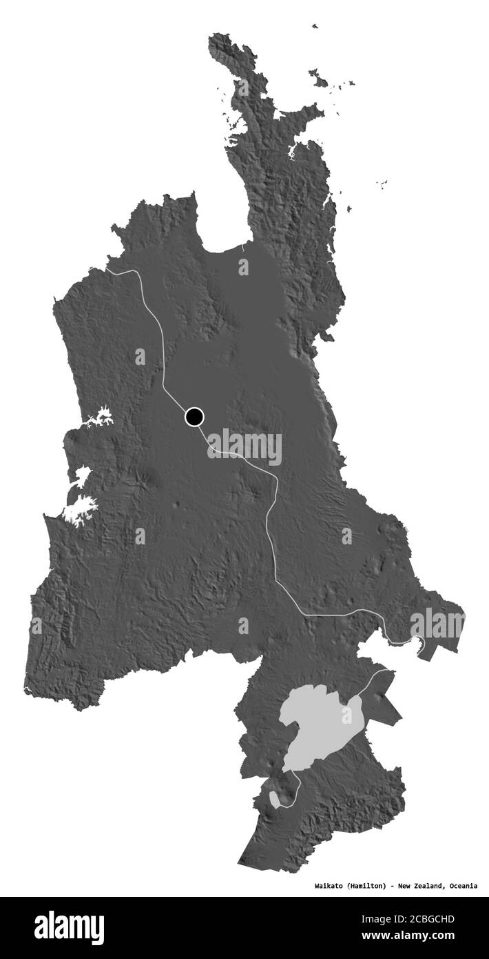 Forme de Waikato, conseil régional de Nouvelle-Zélande, avec sa capitale isolée sur fond blanc. Carte d'élévation à deux niveaux. Rendu 3D Banque D'Images