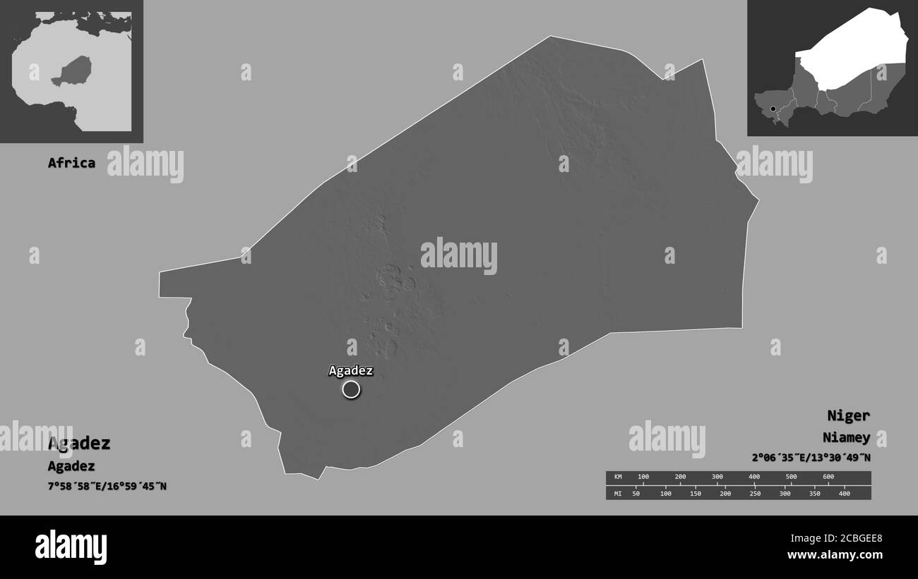 Forme d'Agadez, département du Niger, et sa capitale. Echelle de distance, aperçus et étiquettes. Carte d'élévation à deux niveaux. Rendu 3D Banque D'Images