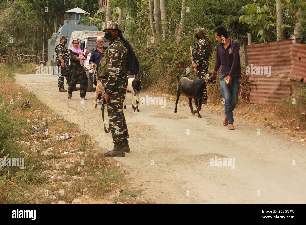 Srinagar, Inde. 13 août 2020. Les forces de sécurité indiennes ont lancé une opération anti-militants dans le village de Hieng-Rajpora, dans la ville de Kunzer, dans le district de Baramulla, au nord de Srinagar, au Cachemire contrôlé par l'Inde, le 13 août 2020. L'opération anti-militants a été lancée à la suite des contributions concernant la présence de militants dans la région. (Photo de Sajad Hameed/Pacific Press/Sipa USA) Credit: SIPA USA/Alay Live News Banque D'Images