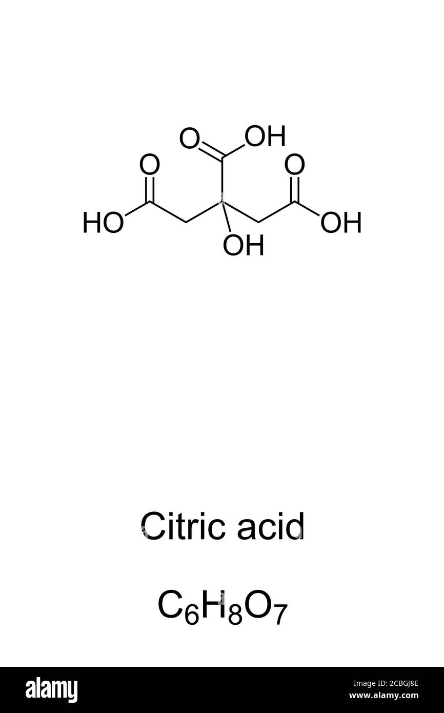 Acide citrique, structure chimique et formule. Acide organique faible, naturellement dans les agrumes. Intermédiaire dans le cycle de l'acide citrique. Banque D'Images