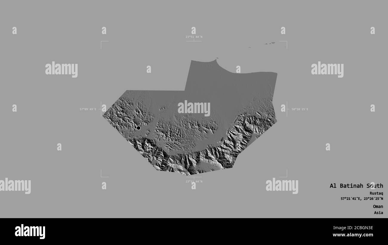 Région d'Al Batinah Sud, région d'Oman, isolée sur un fond solide dans une boîte englobante géoréférencée. Étiquettes. Carte d'élévation à deux niveaux. Rendu 3D Banque D'Images