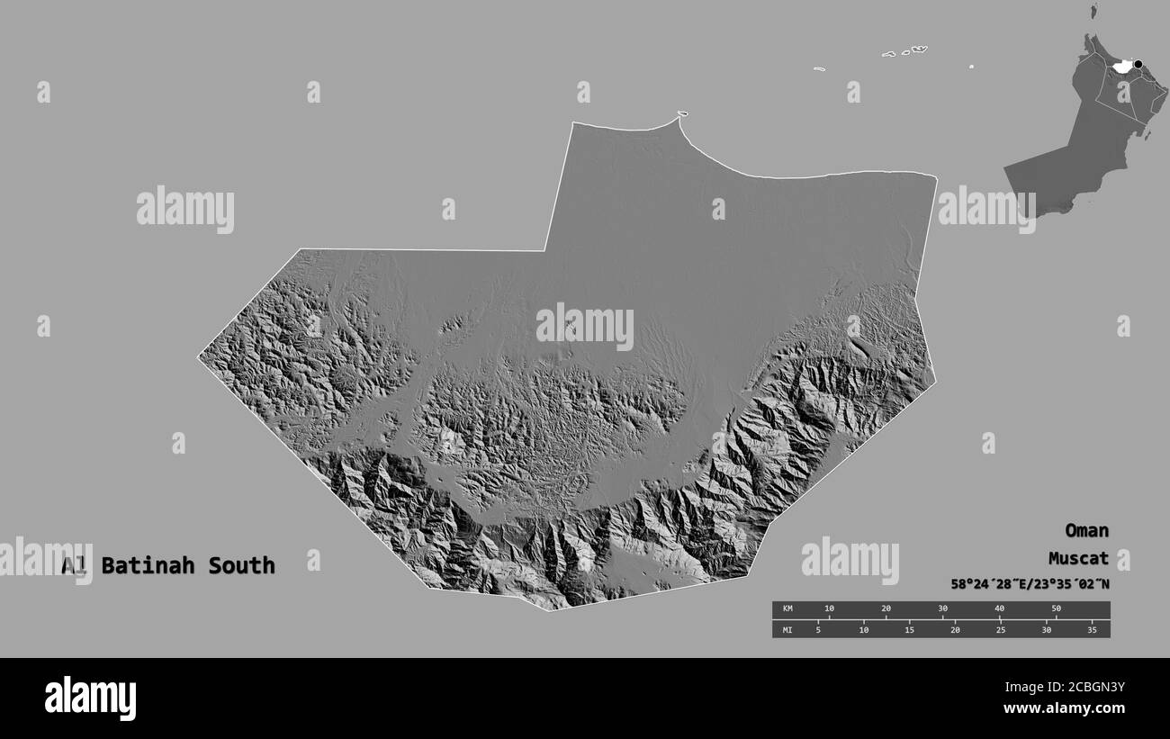 Forme d'Al Batinah Sud, région d'Oman, avec sa capitale isolée sur fond solide. Échelle de distance, aperçu de la région et libellés. Élévation biniveau Banque D'Images