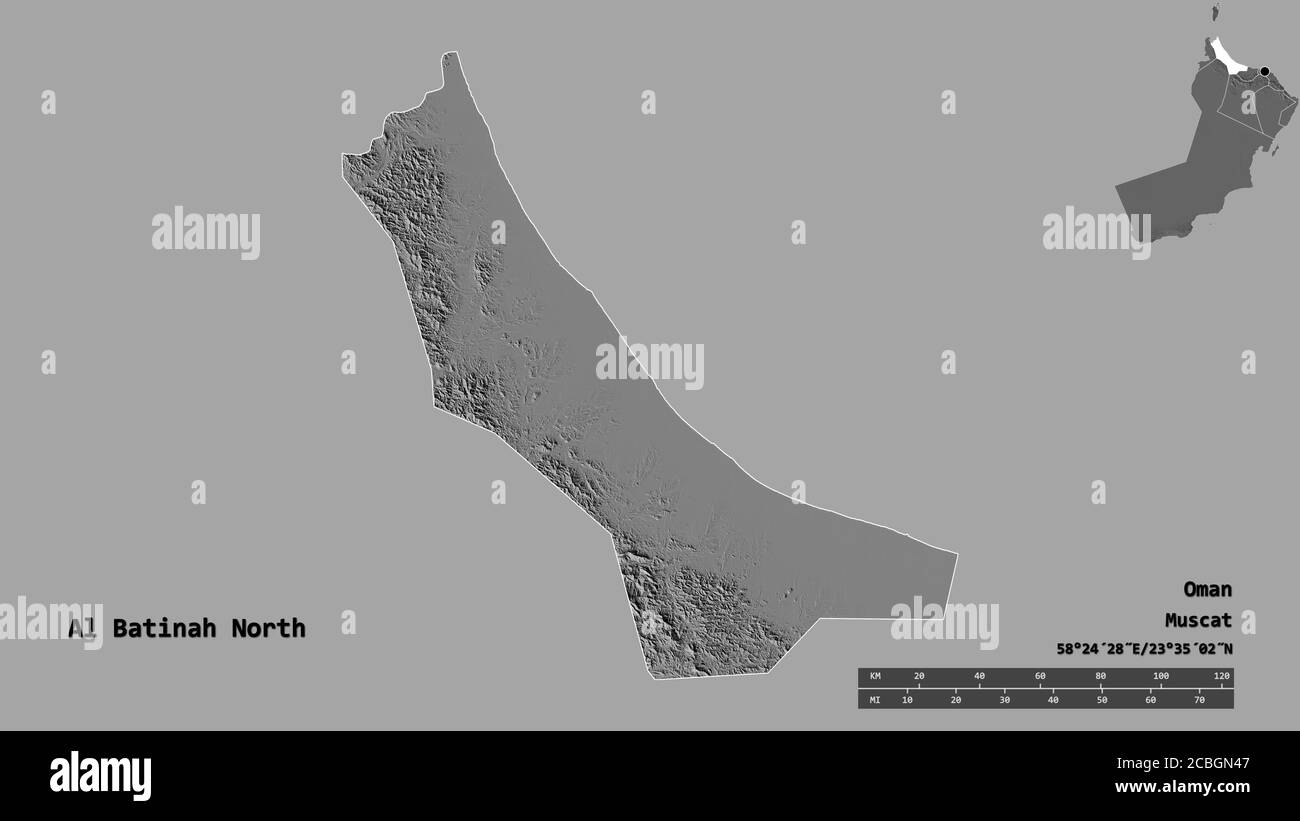 Forme d'Al Batinah Nord, région d'Oman, avec sa capitale isolée sur fond solide. Échelle de distance, aperçu de la région et libellés. Élévation biniveau Banque D'Images