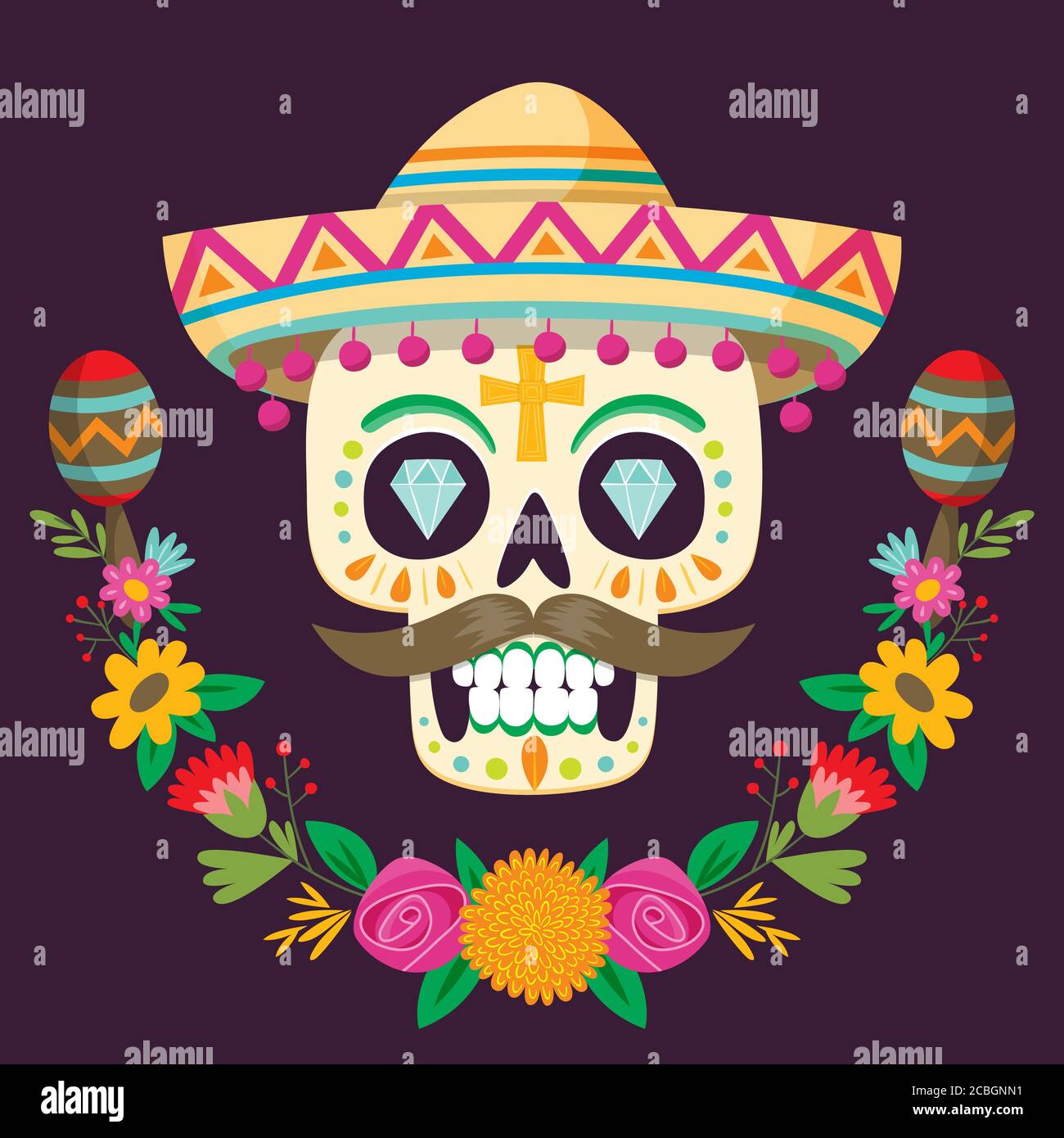 Affiche « Dia de los Muertos » (jour des morts). Crâne de sucre mexicain avec un chapeau, des fleurs et deux maracas. Illustration vectorielle. Illustration de Vecteur