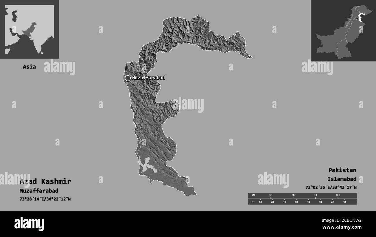 Forme de l'Azad Cachemire, région du Pakistan administrée centralement, et sa capitale. Echelle de distance, aperçus et étiquettes. Carte d'élévation à deux niveaux. Rendu 3D Banque D'Images