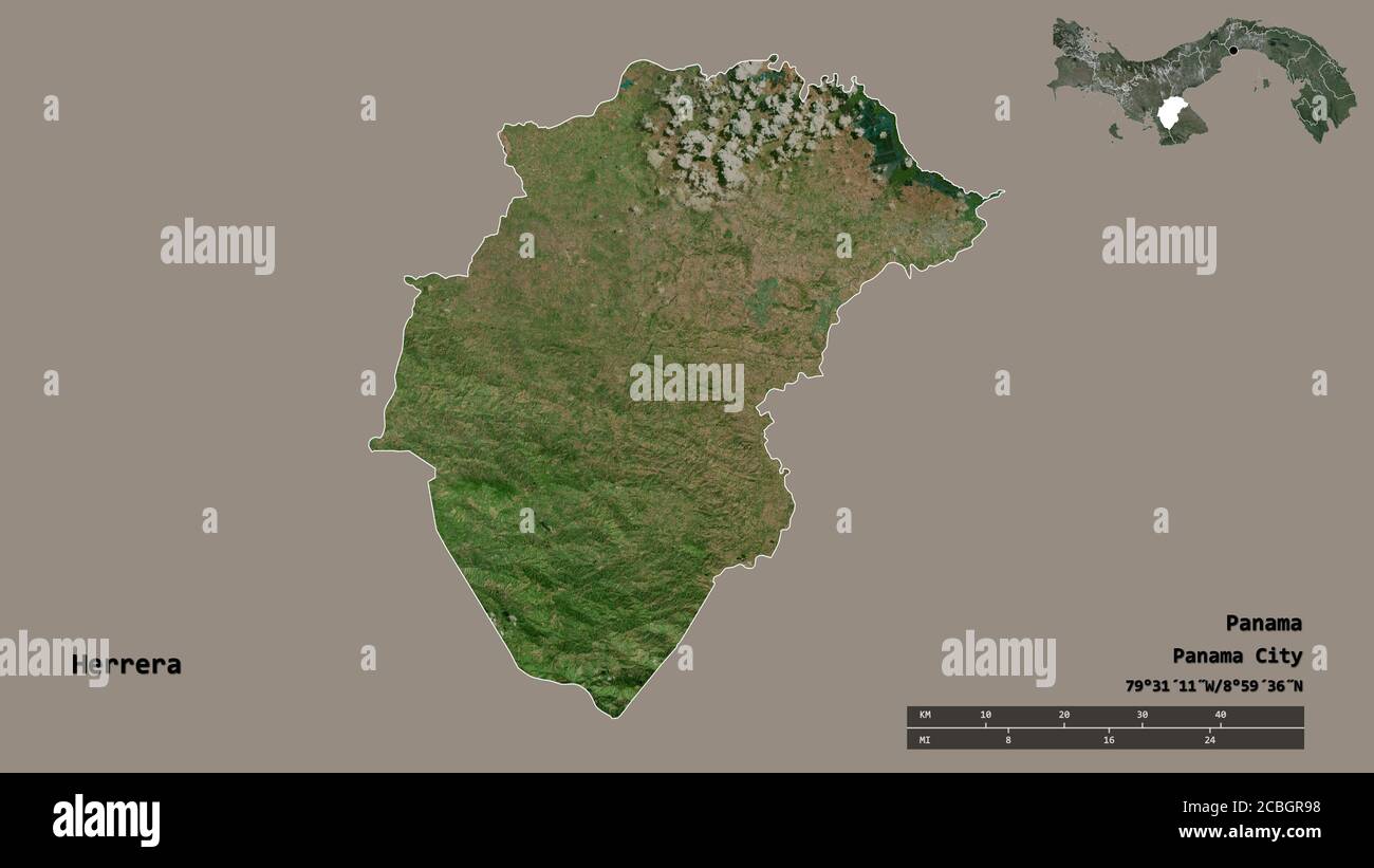 Forme de Herrera, province de Panama, avec sa capitale isolée sur fond solide. Échelle de distance, aperçu de la région et libellés. Imagerie satellite. 3D Banque D'Images