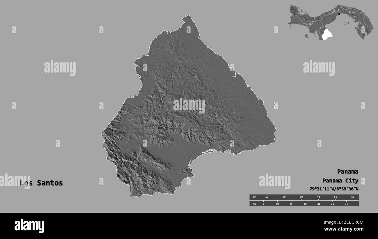 Forme de Los Santos, province de Panama, avec sa capitale isolée sur fond solide. Échelle de distance, aperçu de la région et libellés. Élévation biniveau m Banque D'Images
