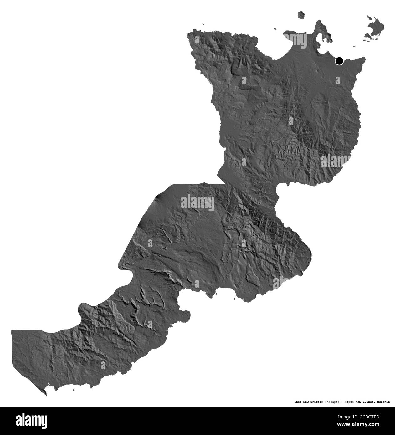 Forme de la Nouvelle-Bretagne orientale, province de Papouasie-Nouvelle-Guinée, avec sa capitale isolée sur fond blanc. Carte d'élévation à deux niveaux. Rendu 3D Banque D'Images