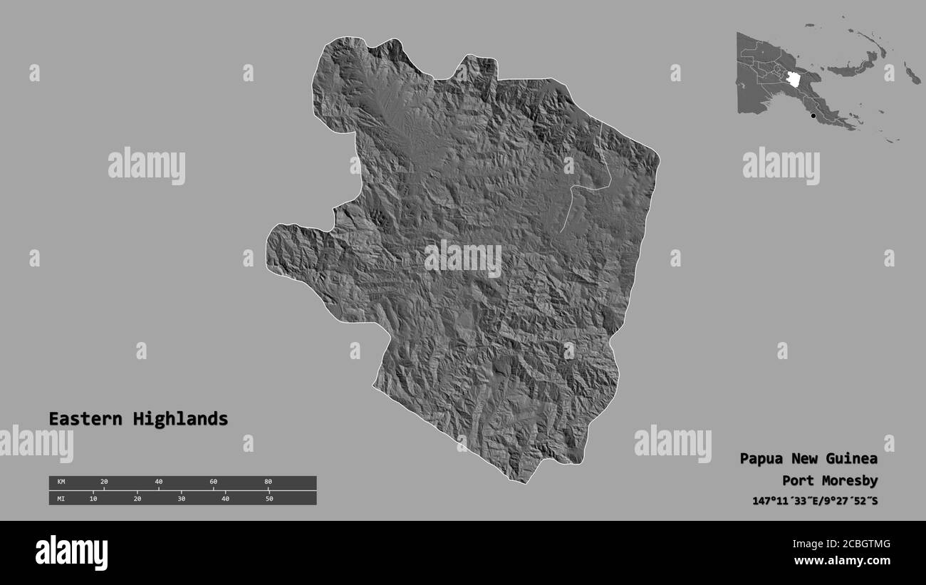 Forme des Hautes-terres orientales, province de Papouasie-Nouvelle-Guinée, avec sa capitale isolée sur fond solide. Échelle de distance, aperçu de la région et libellés. Bi Banque D'Images