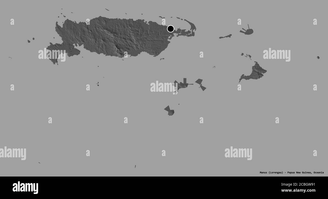 Forme de Manus, province de Papouasie-Nouvelle-Guinée, avec sa capitale isolée sur un fond de couleur unie. Carte d'élévation à deux niveaux. Rendu 3D Banque D'Images