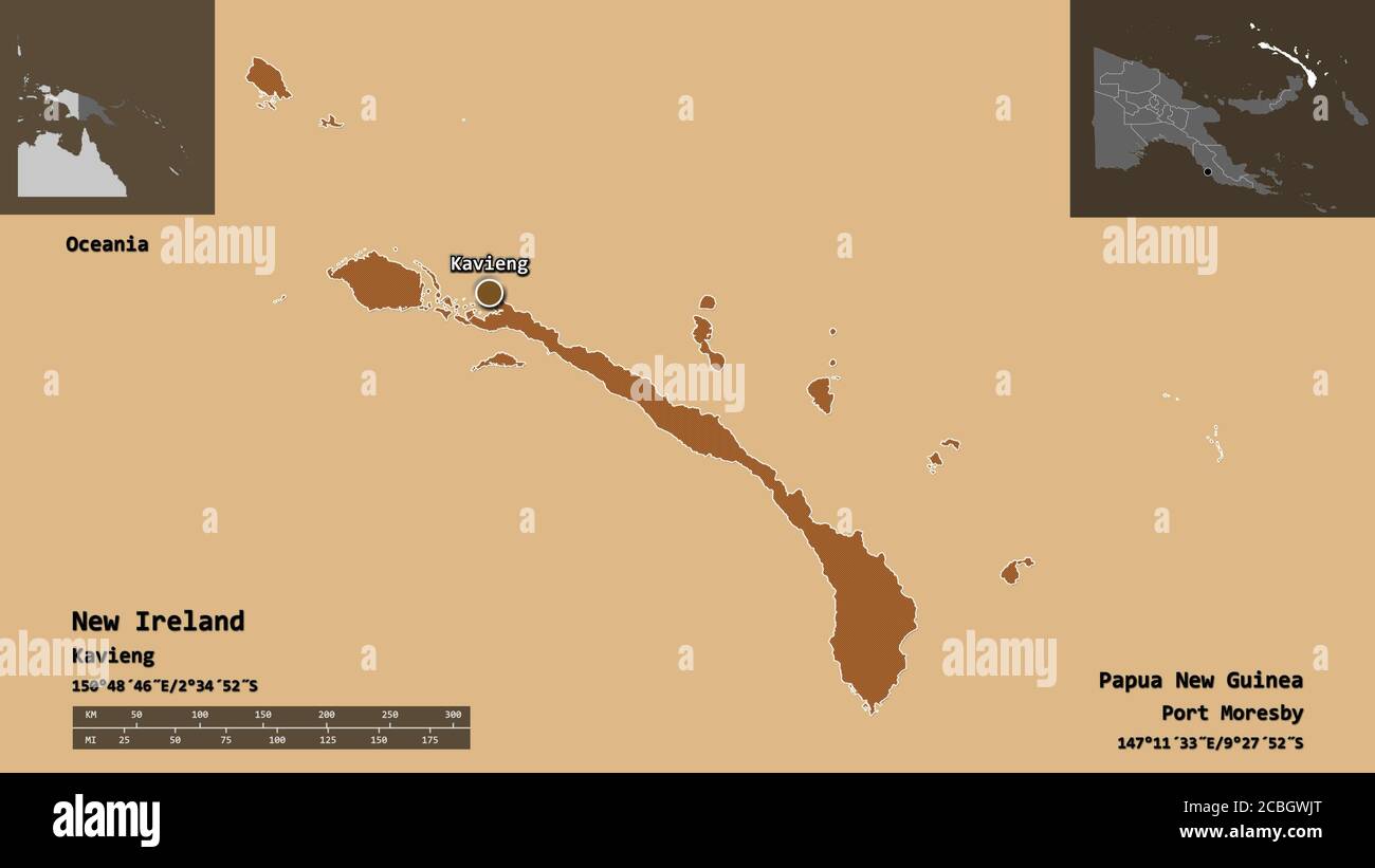 Forme de la Nouvelle-Irlande, province de Papouasie-Nouvelle-Guinée, et sa capitale. Echelle de distance, aperçus et étiquettes. Composition de textures régulièrement répétées. Banque D'Images