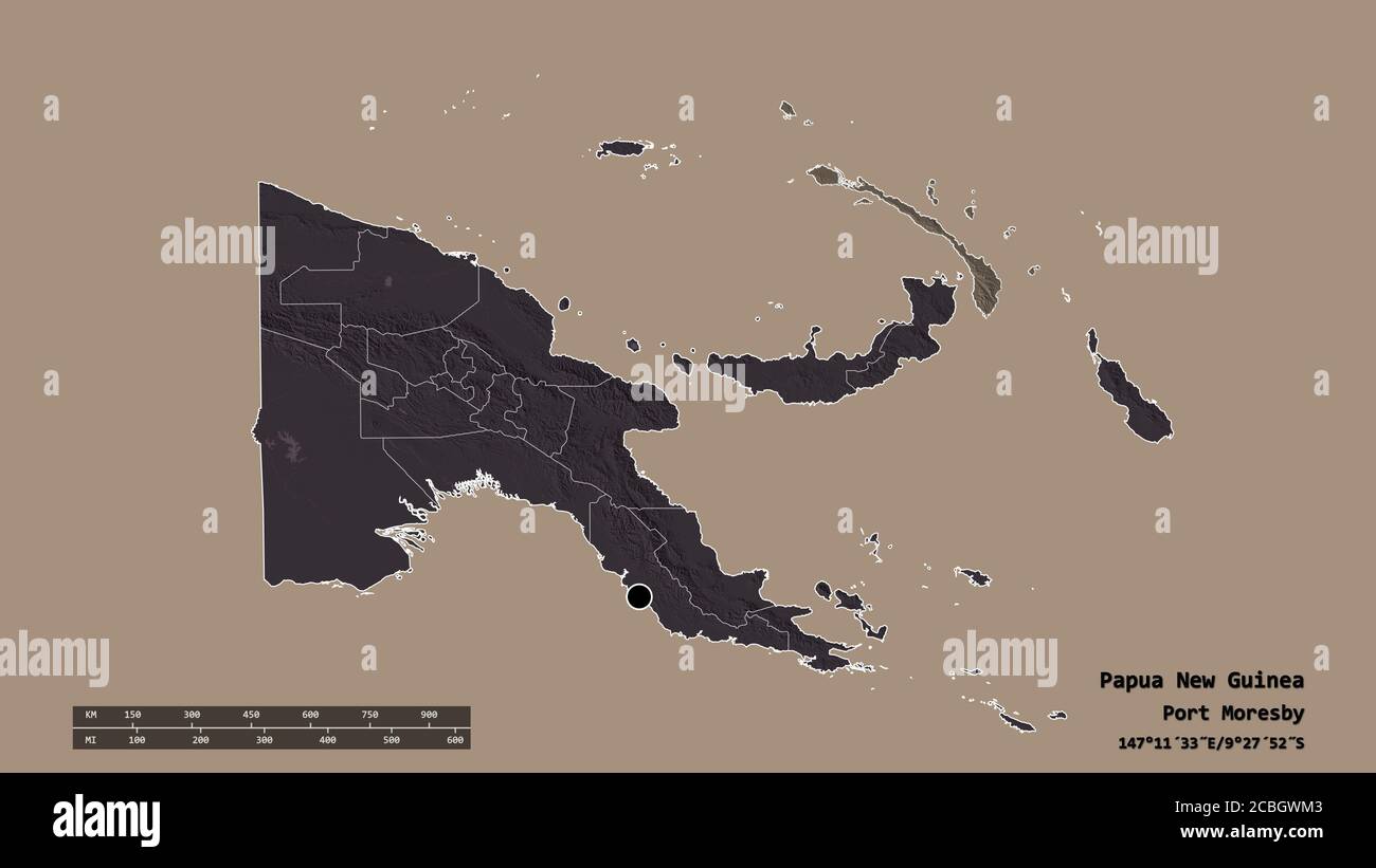 Forme désaturée de Papouasie-Nouvelle-Guinée avec sa capitale, sa principale division régionale et la région séparée de la Nouvelle-Irlande. Étiquettes. Carte d'altitude en couleur. 3D r Banque D'Images