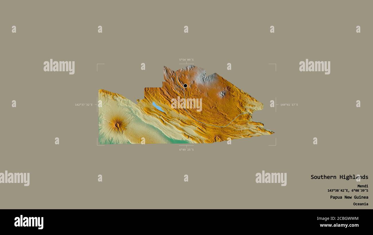 Région des Highlands du Sud, province de Papouasie-Nouvelle-Guinée, isolée sur un fond solide dans une boîte englobante géoréférencée. Étiquettes. Relief topographique m Banque D'Images