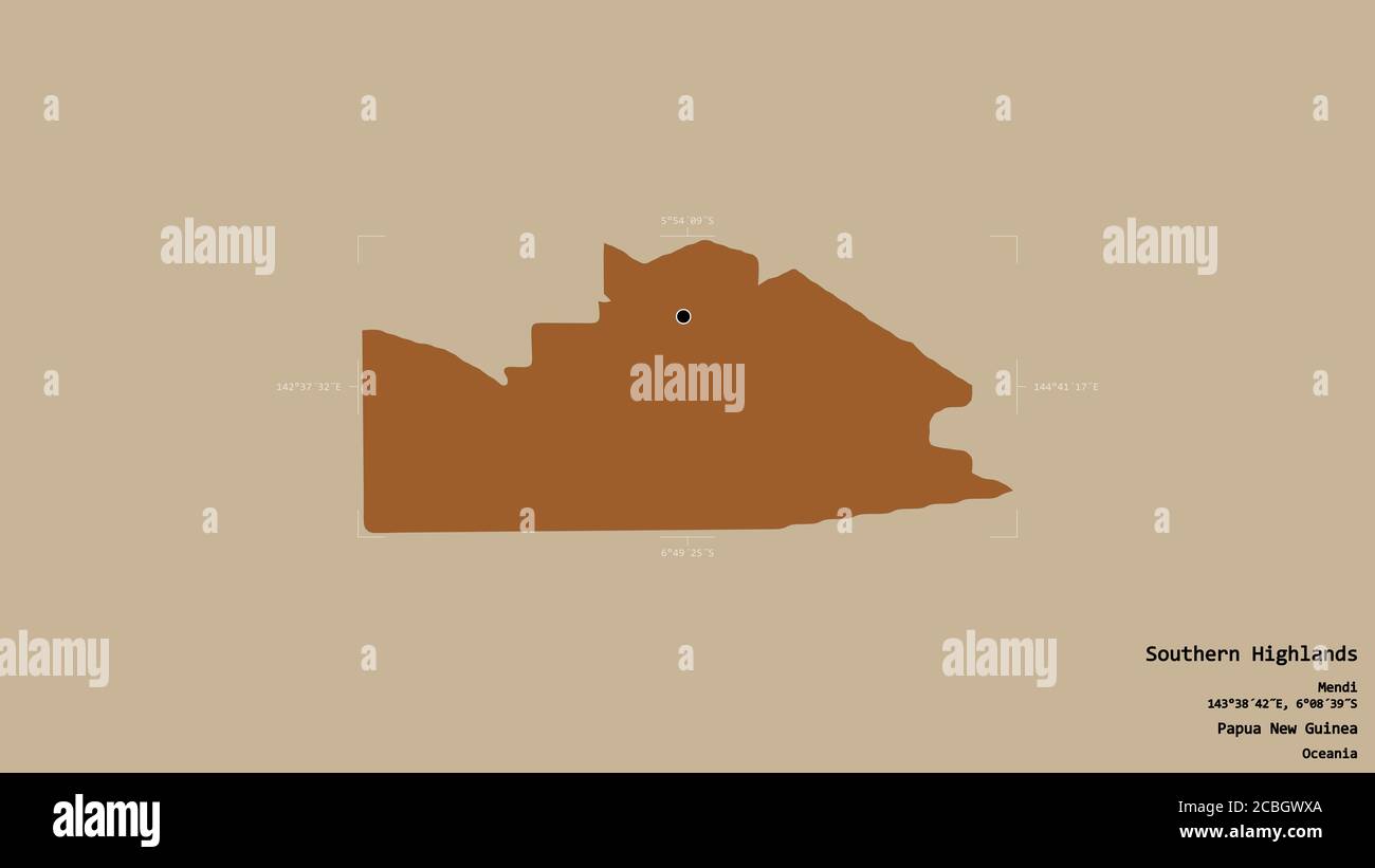 Région des Highlands du Sud, province de Papouasie-Nouvelle-Guinée, isolée sur un fond solide dans une boîte englobante géoréférencée. Étiquettes. Composition du patte Banque D'Images