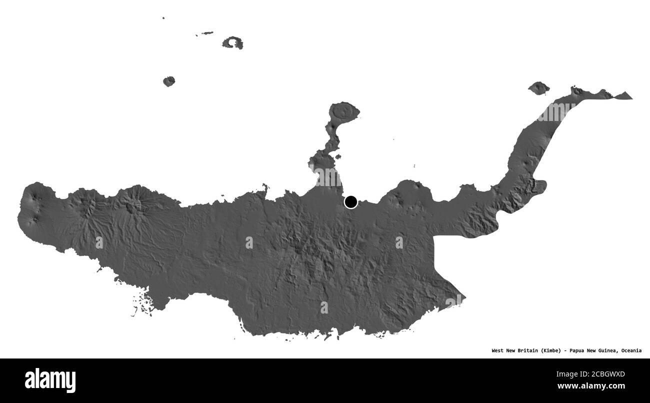 Forme de la Nouvelle-Bretagne occidentale, province de Papouasie-Nouvelle-Guinée, avec sa capitale isolée sur fond blanc. Carte d'élévation à deux niveaux. Rendu 3D Banque D'Images