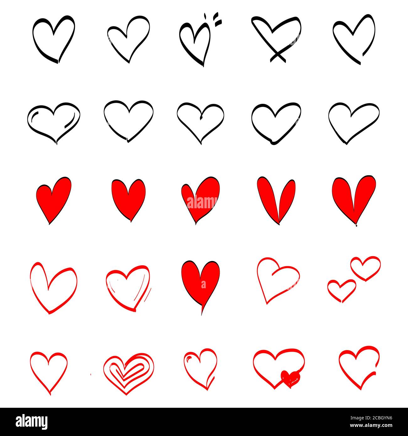 Ensemble d'icônes de forme de coeur vectoriel Doodle. Collection de coeurs dessinés à la main sur fond blanc. Illustration de Vecteur