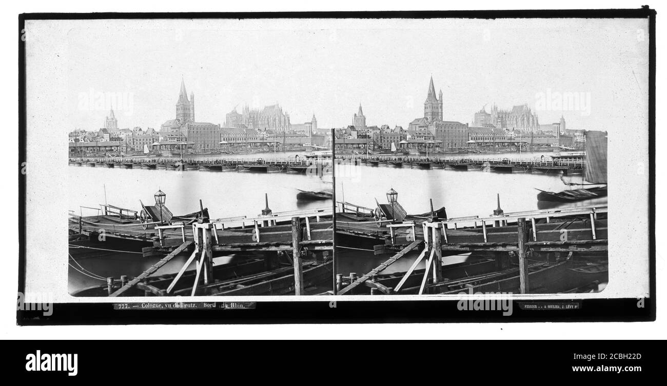 Ferrier P.F. Et Soulier, J. Lévy Sr. 777 Cologne, vu de Deutz. Bord du Rhin. La cathédrale est encore un chantier de construction. Au centre de la photographie, le Deutzer Schiffbrücke est représenté, derrière l'église Saint-Martin. Photographie stéréo sur plaque de verre d'environ 1870. Banque D'Images Ferrier P.F. Et Soulier, J. Lévy Sr. 777 Cologne, vu de Deutz. Bord du Rhin. La cathédrale est encore un chantier de construction. Au centre de la photographie, le Deutzer Schiffbrücke est représenté, derrière l'église Saint-Martin. Photographie stéréo sur plaque de verre d'environ 1870. Banque D'Images