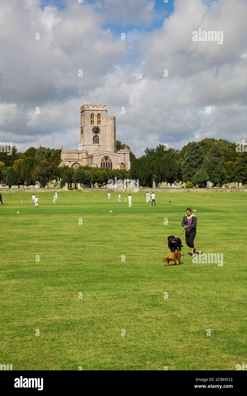 Chiens de marche de l'autre côté de la pittoresque prairie de l'église la maison de Thame club de cricket Oxfordshire Angleterre avec l'église St Mary à l'arrière-plan Banque D'Images