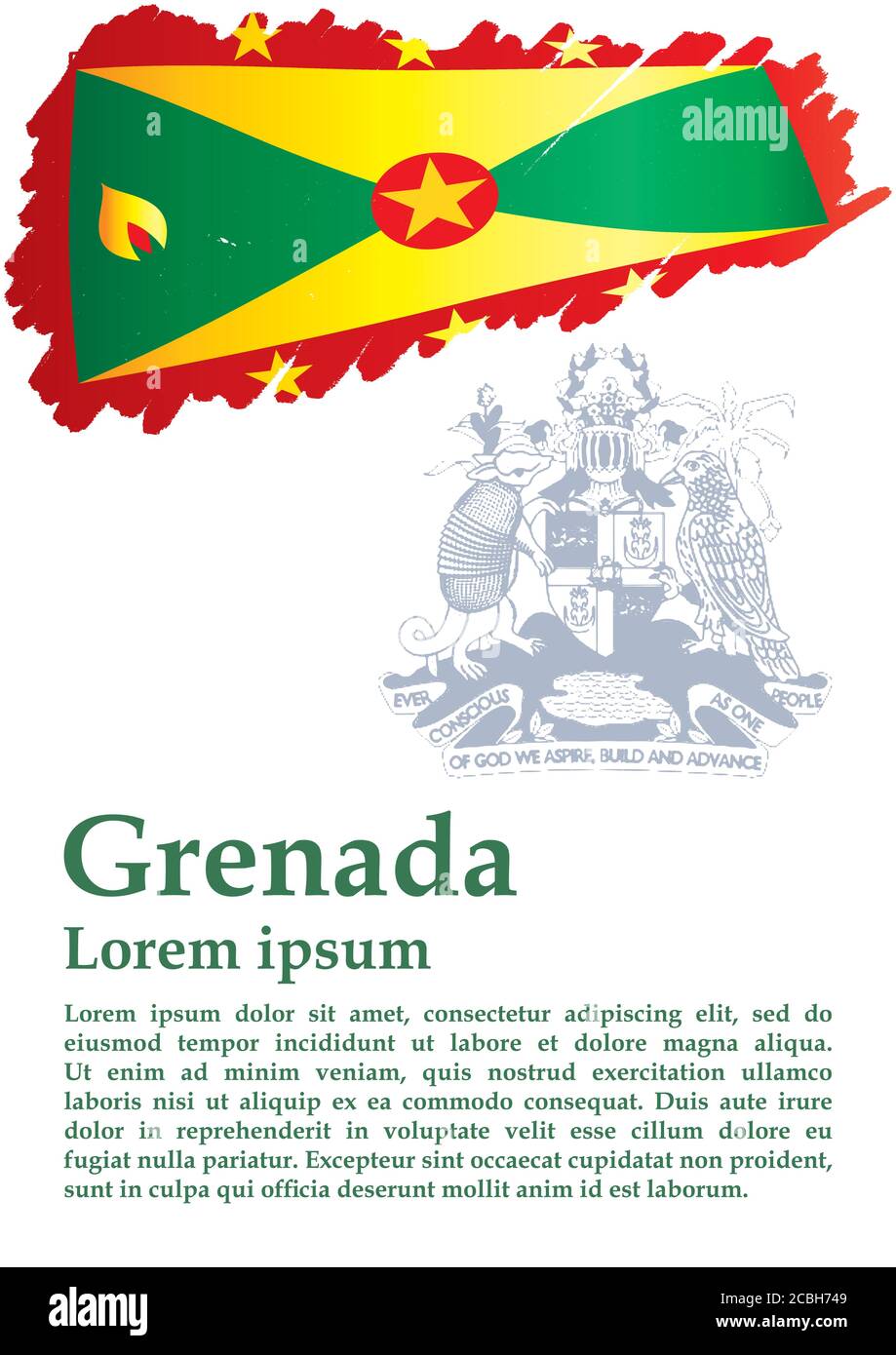 Drapeau de la Grenade, Grenade est un pays dans les Antilles, île d'épices. Modèle pour la conception de prix, un document officiel avec le drapeau de la Grenade. Illustration de Vecteur