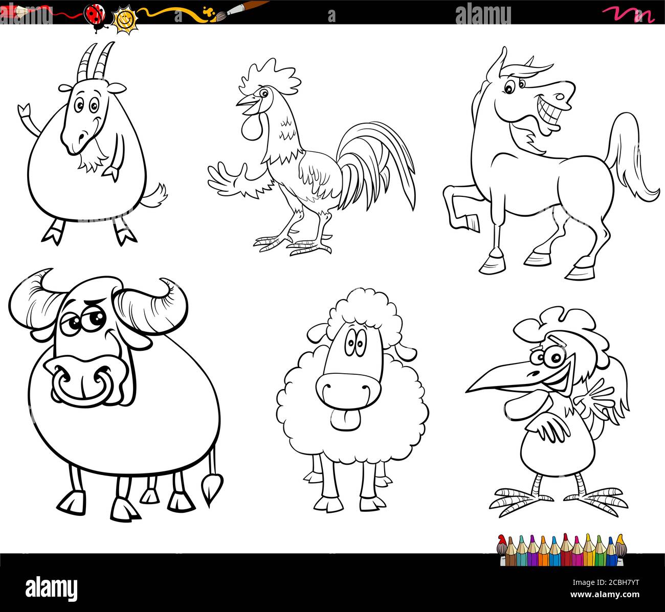Dessin animé noir et blanc Illustration de personnages d'animaux de ferme amusants Définir la page du livre de coloriage Illustration de Vecteur