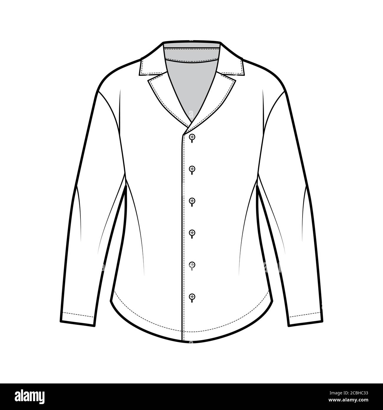 Chemise technique de mode avec silhouette décontractée, col de camp rétro,  empiècement rond à l'arrière, boutons d'attache sur le devant, manches  longues. Modèle de vêtement plat sur le devant de couleur blanche.
