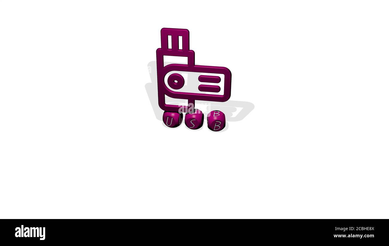 Icône USB 3D sur des lettres cubes - illustration 3D pour arrière-plan et ordinateur Banque D'Images