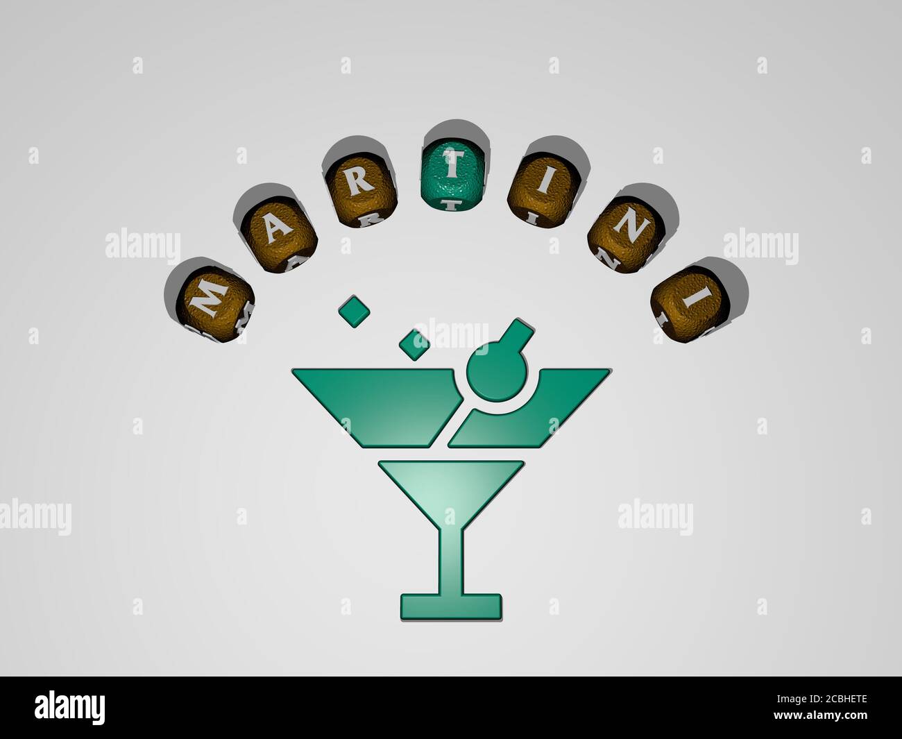 icône martini entourée par le texte de lettres individuelles - Illustration 3D pour cocktail et verre Banque D'Images