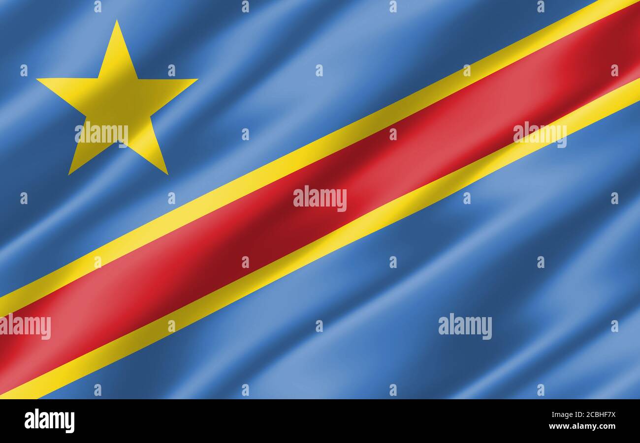 Drapeau ondulé en soie du motif DRC. Illustration 3D du drapeau congolais ondulée. Le drapeau rippé de la RDC est un symbole de liberté, de patriotisme et d'indépendance. Banque D'Images