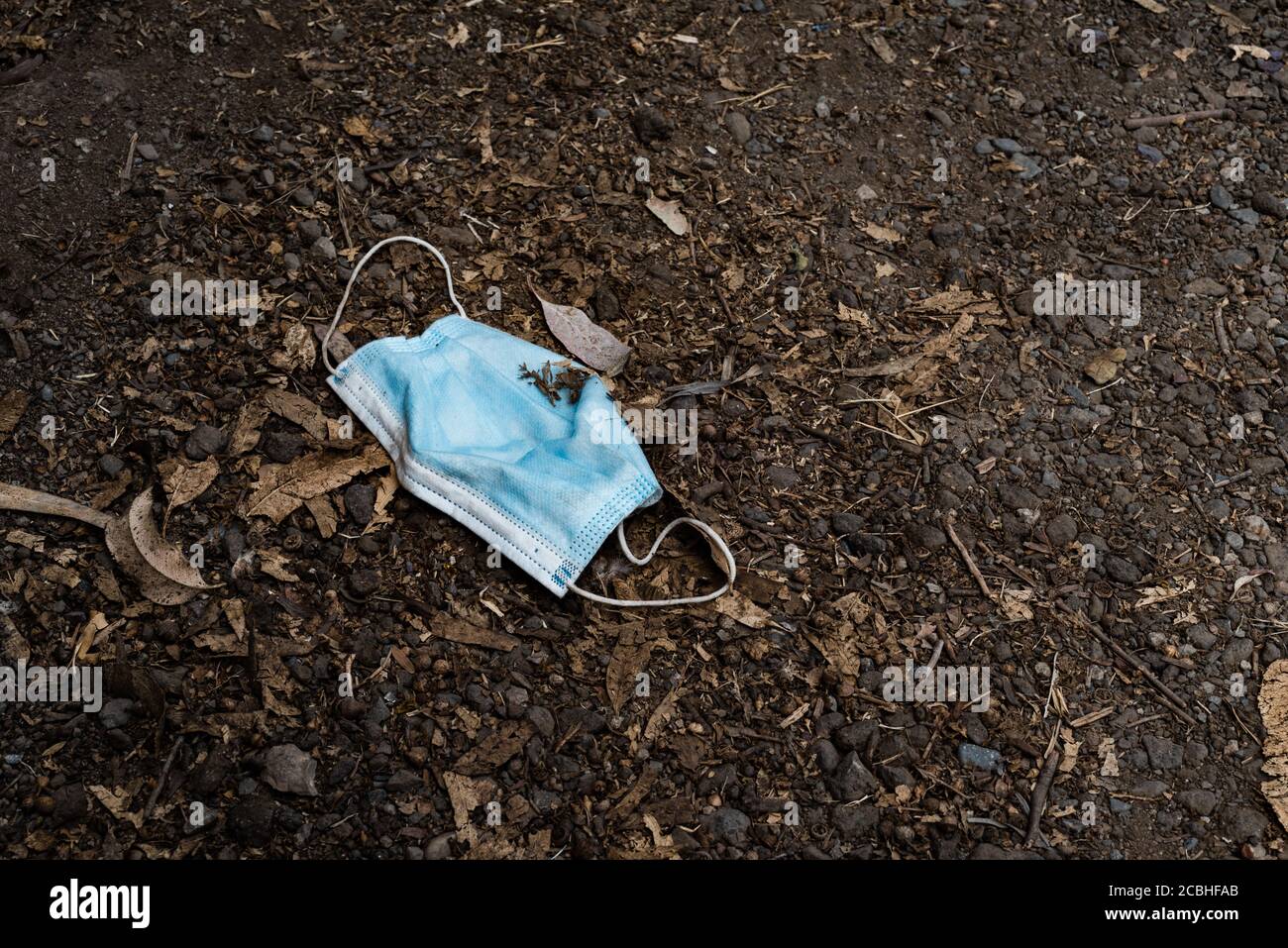 Un masque jetable bleu trouvé dans la rue. Vue de dessus du masque médical en contour d'oreille jeté ou perdu sur sol brun pendant la pandémie COVID-19. Banque D'Images