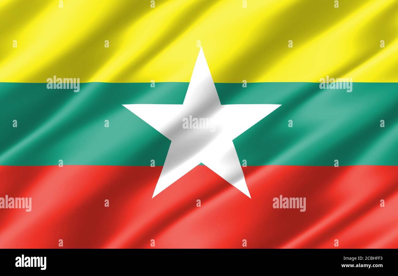 Motif drapeau ondulé en soie du Myanmar. Illustration 3D du drapeau birman onduleux. Le drapeau rippé du Myanmar est un symbole de liberté, de patriotisme et d'indépendance Banque D'Images