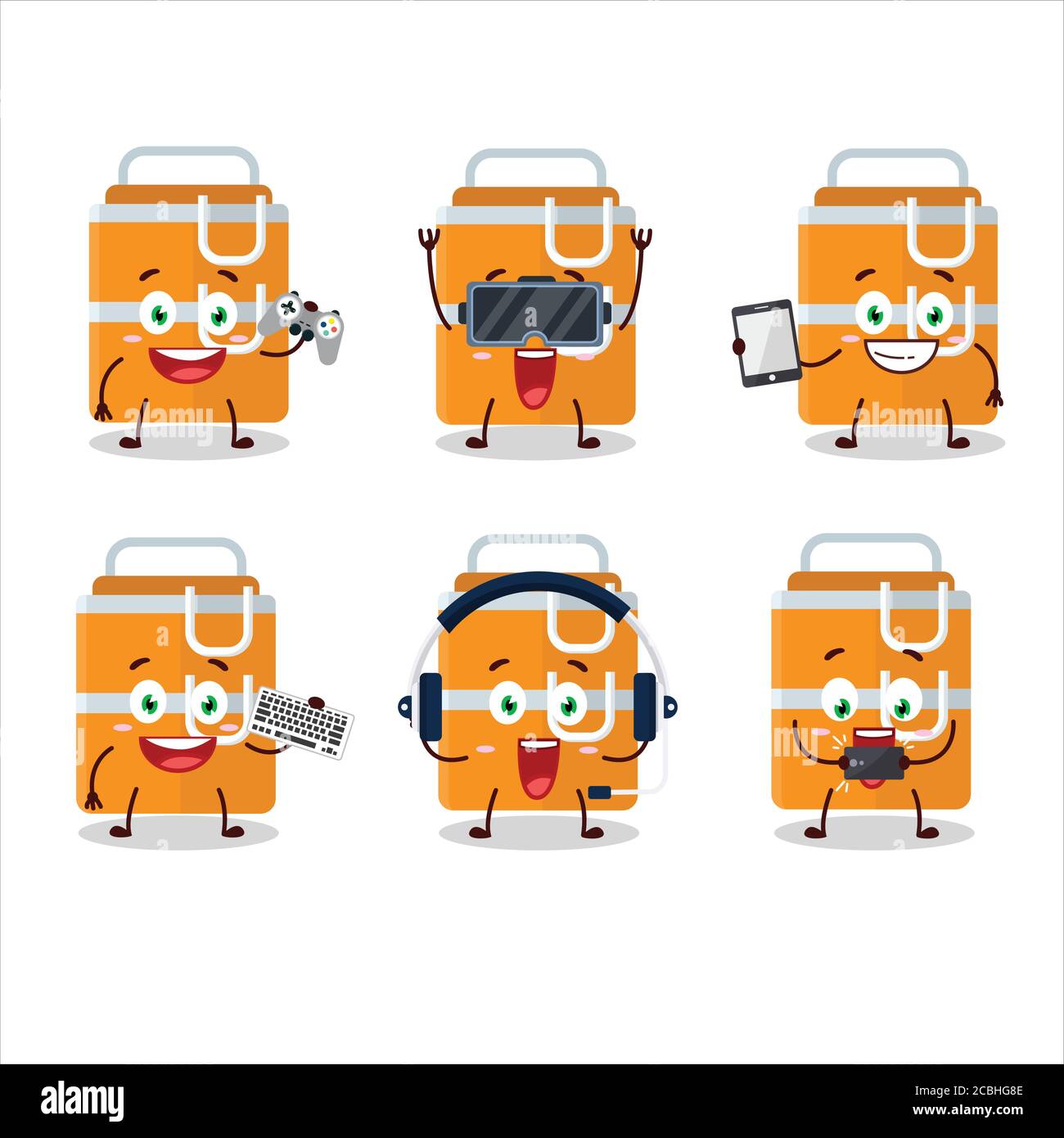 Orange Lunch Box personnage de dessin animé jouent à des jeux avec divers émoticônes mignons Illustration de Vecteur