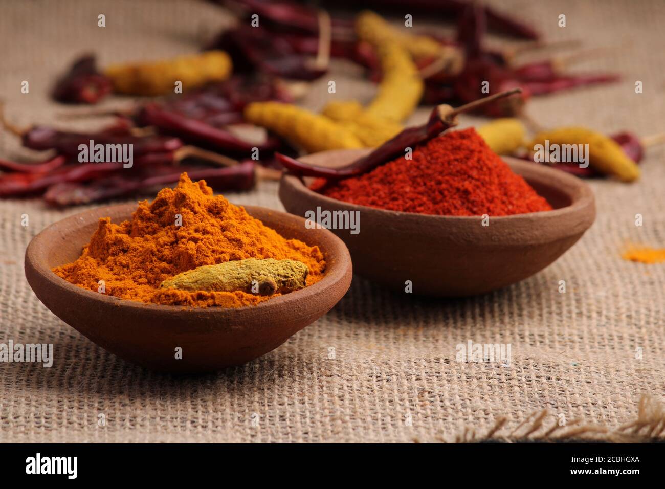 Épices indiennes Chili et poudre de curcuma dans un pot en argile avec piments rouges et racine de curcuma sur un fond jute. Banque D'Images
