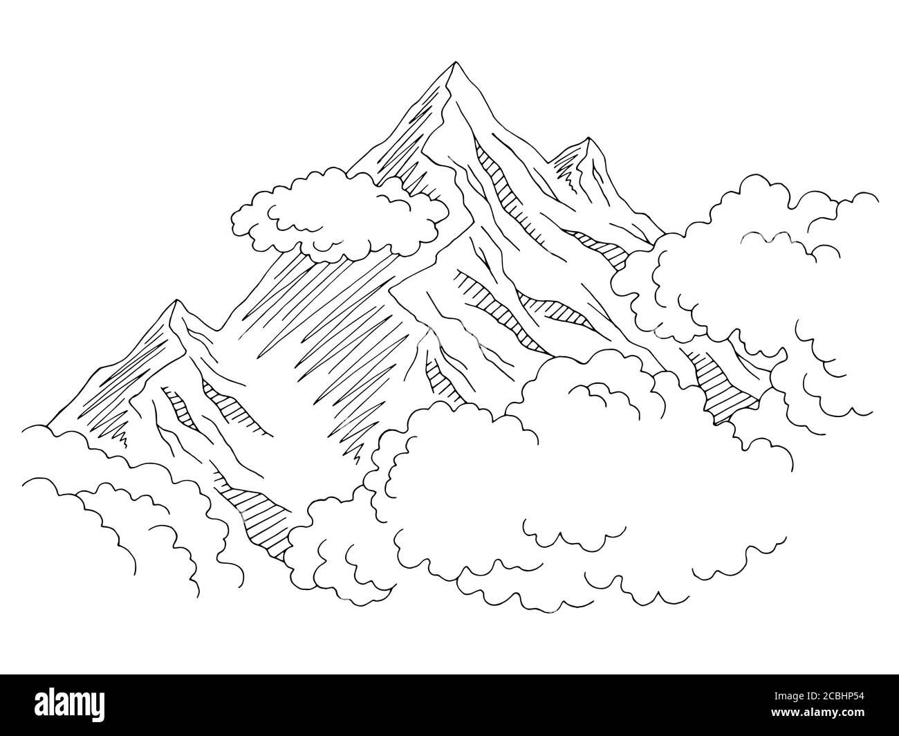 Montagnes nuages graphiques noir blanc paysage dessin vecteur d'illustration Illustration de Vecteur