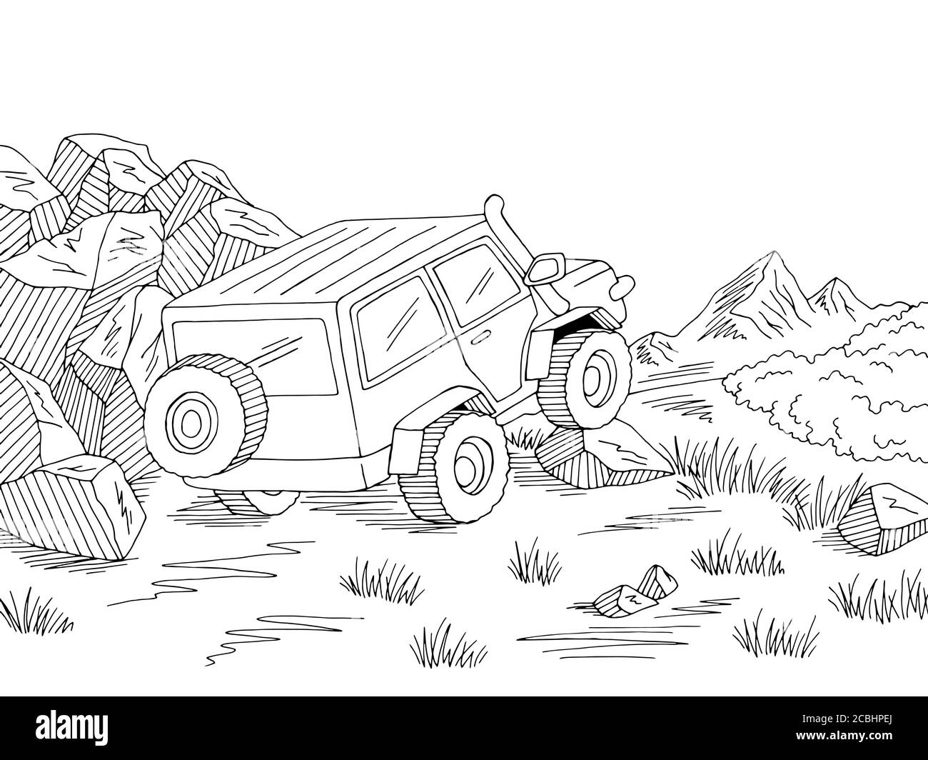 Voiture tout-terrain route graphique noir blanc paysage dessin illustration vecteur Illustration de Vecteur