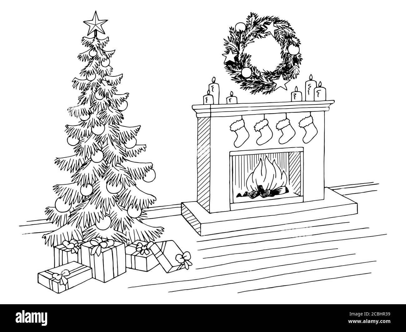 Salon graphique arbre de Noël noir blanc dessin intérieur illustration vecteur Illustration de Vecteur