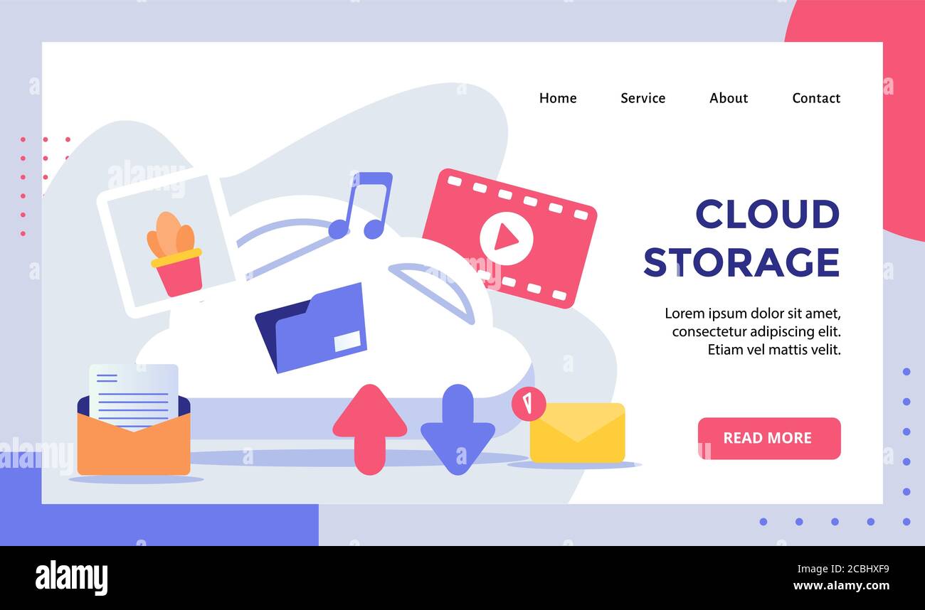 Arrière-plan de stockage dans le Cloud de la campagne d'e-mail de musique d'images vidéo pour page d'accueil du site web page d'accueil modèle de bannière avec moderne style plat Illustration de Vecteur