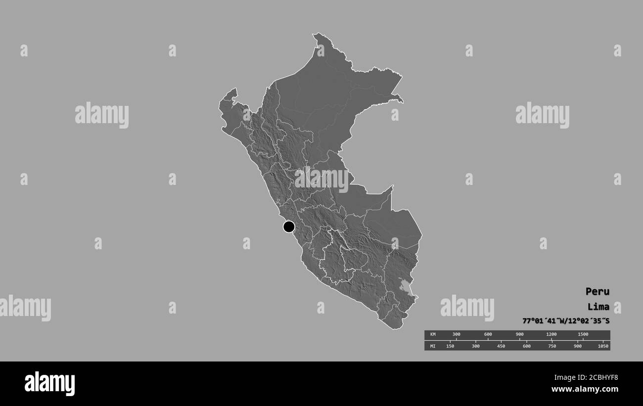 Forme désaturée du Pérou avec sa capitale, sa principale division régionale et la région séparée d'Ayacucho. Étiquettes. Carte d'élévation à deux niveaux. Rendu 3D Banque D'Images