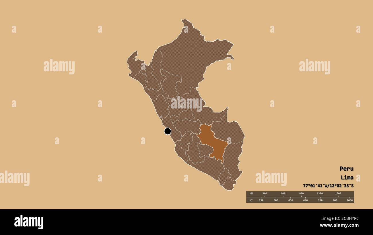 Forme désaturée du Pérou avec sa capitale, sa principale division régionale et la région séparée de Cusco. Étiquettes. Composition de textures régulièrement répétées. Banque D'Images