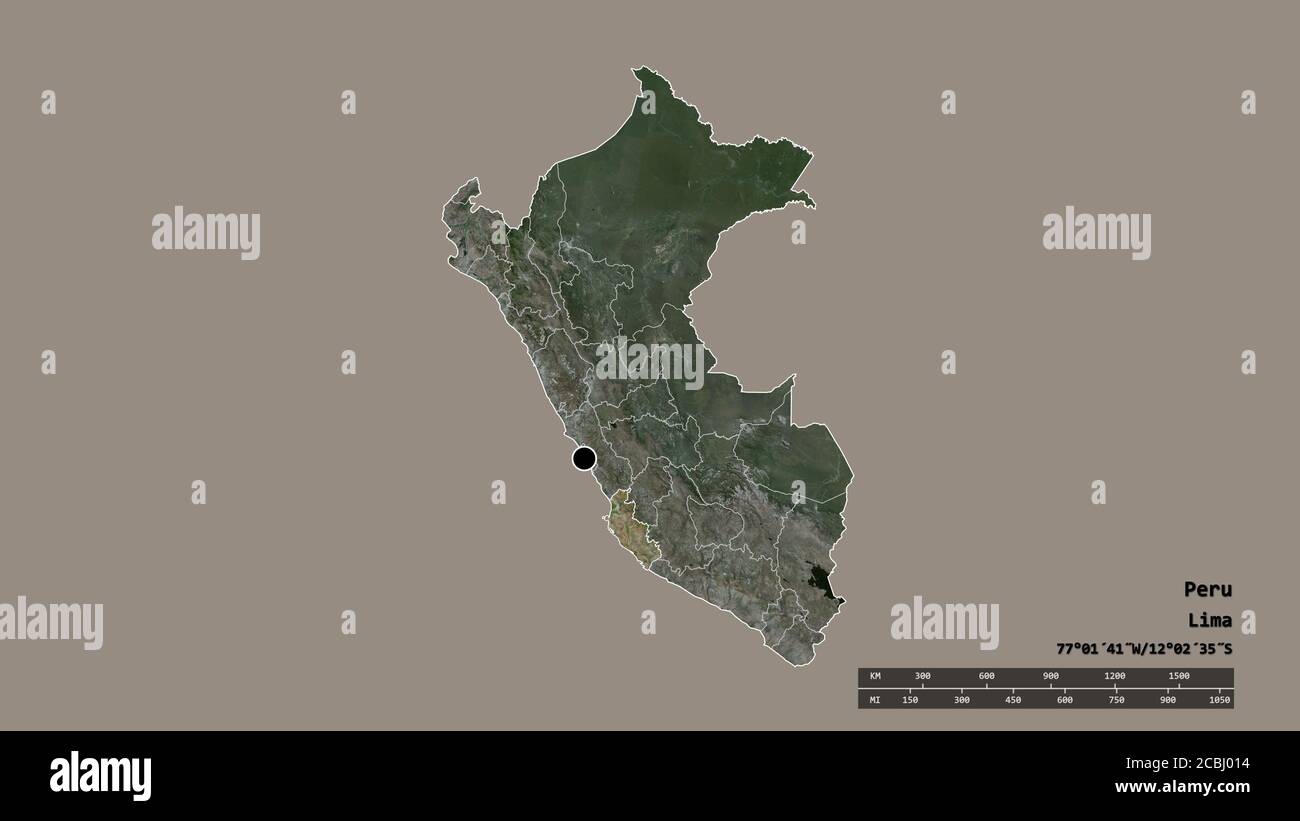 Forme désaturée du Pérou avec sa capitale, sa principale division régionale et la zone séparée de l'ICA. Étiquettes. Imagerie satellite. Rendu 3D Banque D'Images