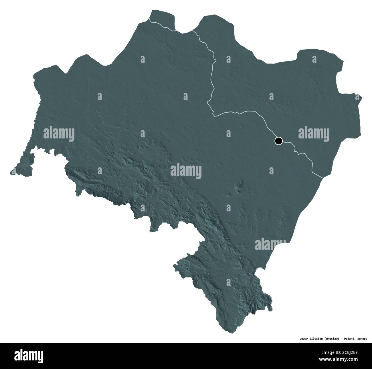 Forme de Silésie inférieur, voïvodeship de Pologne, avec sa capitale isolée sur fond blanc. Carte d'altitude en couleur. Rendu 3D Banque D'Images